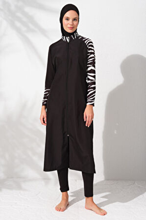 Pierre Cardin 231910 Siyah Desenli Uzunkollu Fermuarlı Tesettür Mayo Takım
