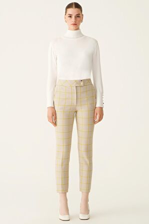 Jania Regular Fit Bilek Boy Ekose Desenli Orta Bel Vizon Fıstık Yeşili Renk Kadın Pantolon