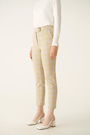 Jania Regular Fit Bilek Boy Ekose Desenli Orta Bel Vizon Fıstık Yeşili Renk Kadın Pantolon