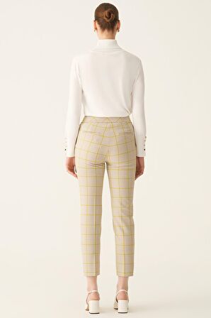 Jania Regular Fit Bilek Boy Ekose Desenli Orta Bel Vizon Fıstık Yeşili Renk Kadın Pantolon