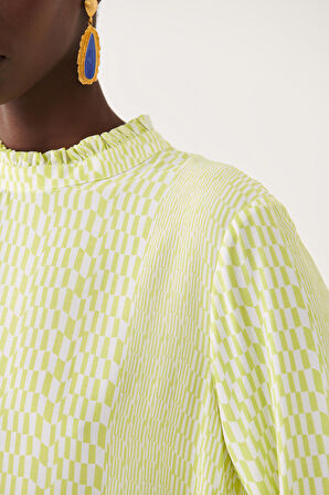 Anels Rahat Kalıp Yarım Dik Yaka Diz Üstü Geometrik Desenli Ekru Misket Limonu Renk Elbise