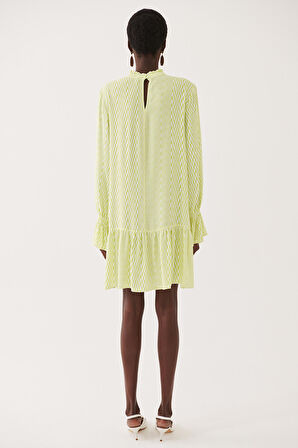 Anels Rahat Kalıp Yarım Dik Yaka Diz Üstü Geometrik Desenli Ekru Misket Limonu Renk Elbise