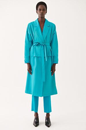 Adars Rahat Kalıp Erkek Yaka Midi Boy Turkuaz Renk Kadın Trench Mont