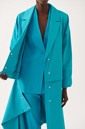 Adars Rahat Kalıp Erkek Yaka Midi Boy Turkuaz Renk Kadın Trench Mont