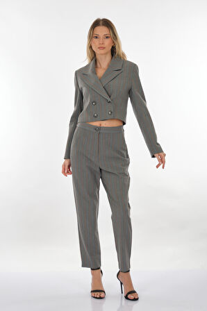 Perspective Kruvaze Yaka Çizgili Gri-Turuncu Kadın Ceket 24061168