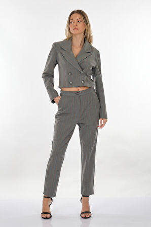 Perspective Kruvaze Yaka Çizgili Gri-Turuncu Kadın Ceket 24061168