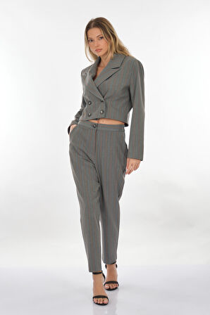 Perspective Kruvaze Yaka Çizgili Gri-Turuncu Kadın Ceket 24061168