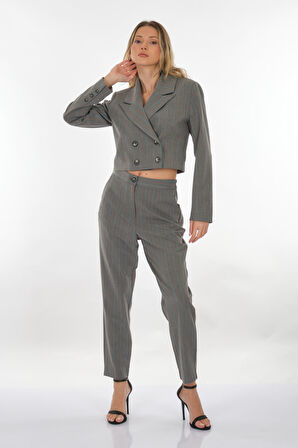 Perspective Kruvaze Yaka Çizgili Gri-Turuncu Kadın Ceket 24061168