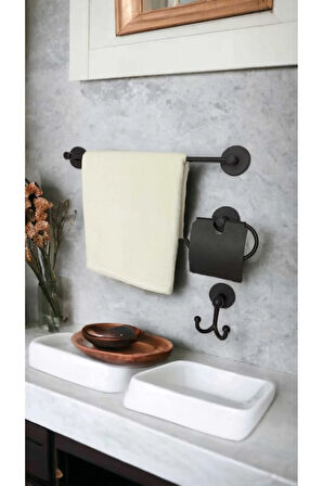 Yapışkanlı Banyo Seti, Siyah, Düz Havluluk, Kapaklı Tuvalet Kağıtlığı, Bornozluk