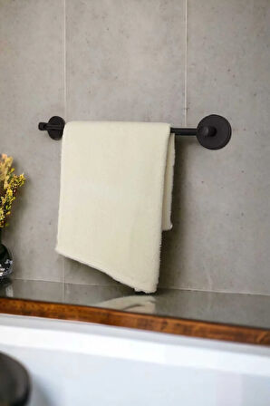 Yapışkanlı Banyo Seti, Siyah, Düz Havluluk, Kapaklı Tuvalet Kağıtlığı, Bornozluk