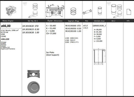 Opel Motor Piston+segmanı ( Riken )  86,00+0,50mm Cap Omega Kadett Ascona Vectra Le Mans 2,0 Espero 2,0 F - Kingpiston 18-3010633