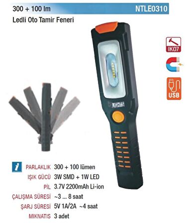 NTLights 300+100 Lümen Şarjlı Mıknatıslı Oto Tamir Feneri Led Lamba NTLE0310