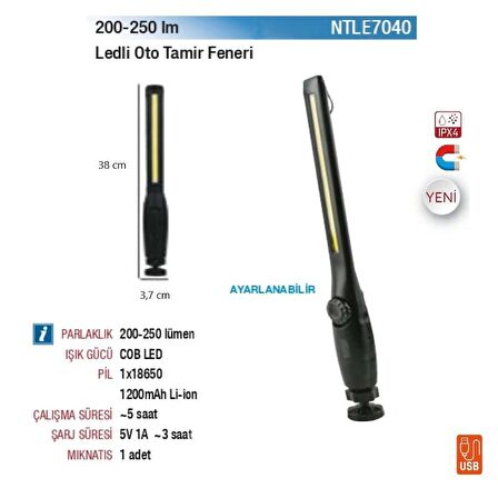 NTLights 200-250 Lümen Şarjlı Mıknatıslı Oto Tamir Feneri Led Lamba NTLE7040