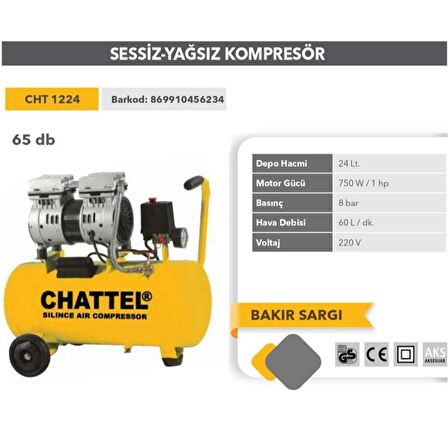 Chattel 24 Lt. Sessiz Yağsız Kompresör 220V 1Hp 60L/min 8 Bar CHT1224