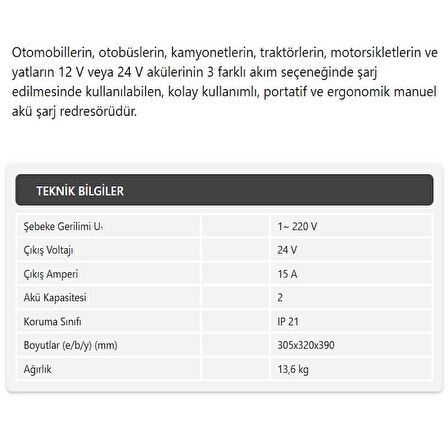 Demiriz Akü Şarj Cihazı Redresör 24V-15A BC2415