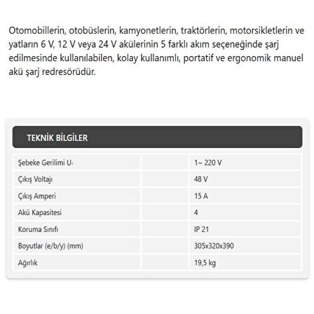 Demiriz Akü Şarj Cihazı Redresör 48V-15A BC4815