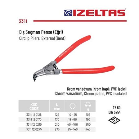 İzeltaş 85-140 mm Arası Eğri Dış Segman Pensesi 3311 12 0275