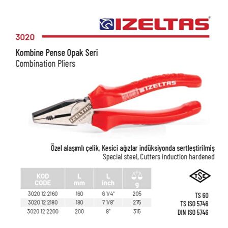 İzeltaş 160 mm Kombine Pense Opak Seri 3020 12 2160