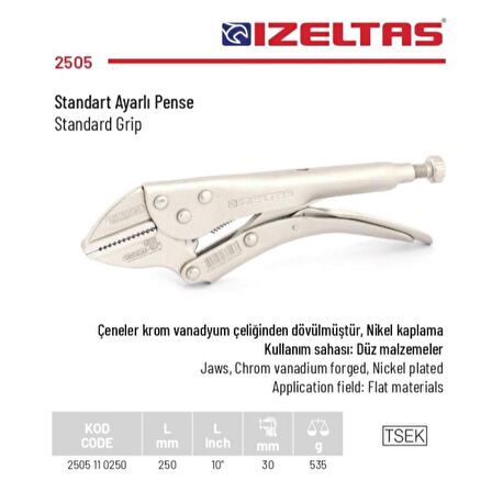 İzeltaş Standart Ayarlı Pense 250 mm 2505 11 0250