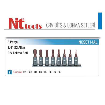 Nt Tools 8 Parça 1/4" Allen Lokma Seti S2 Çeliği NCSET14AL