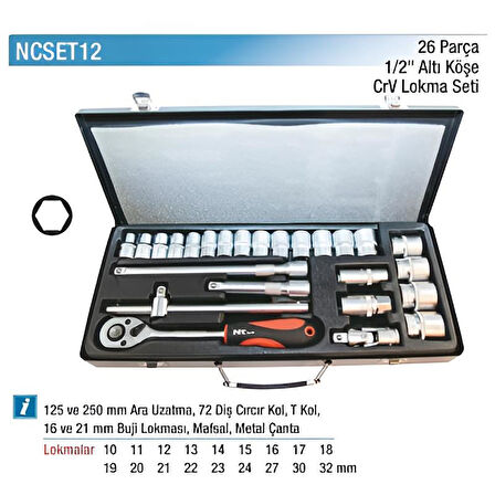 Nt Tools 26 Parça 1/2" Altıköşe Lokma Seti NCSET12