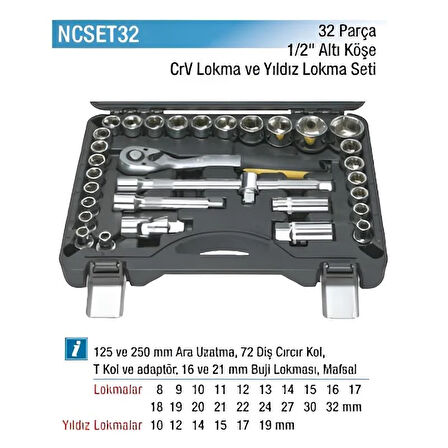 Nt Tools 32 Parça 1/2" Altıköşe ve Yıldız Lokma Seti NCSET32