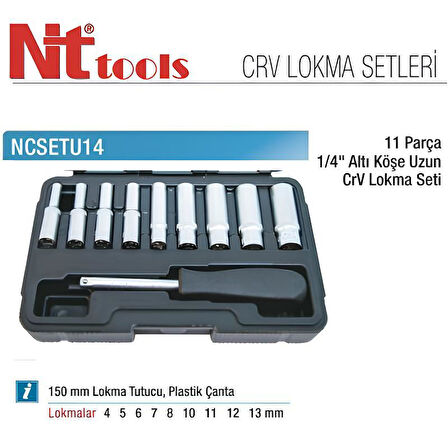 Nt Tools 11 Parça 1/4" Uzun Altıköşe Lokma Seti NCSETU14