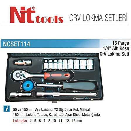 Nt Tools 16 Parça 1/4" Altıköşe Lokma Seti NCSET114