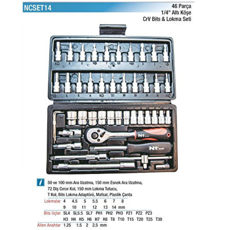 Nt Tools 46 Parça 1/4" Bits ve Altıköşe Lokma Seti NCSET14