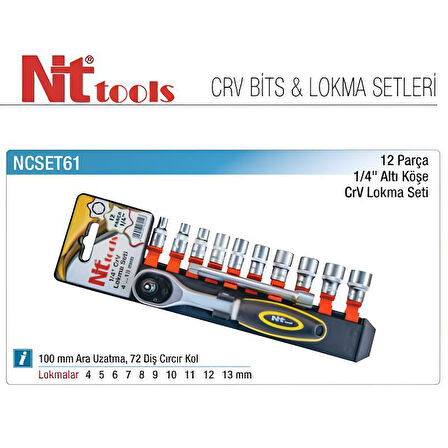 Nt Tools 12 Parça 1/4" Altıköşe Lokma Seti NCSET61