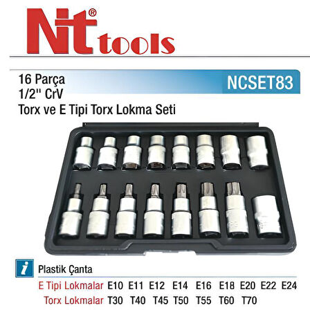 Nt Tools 16 Parça 1/2" Torx ve E Tipi Torx Lokma Seti CrV NCSET83
