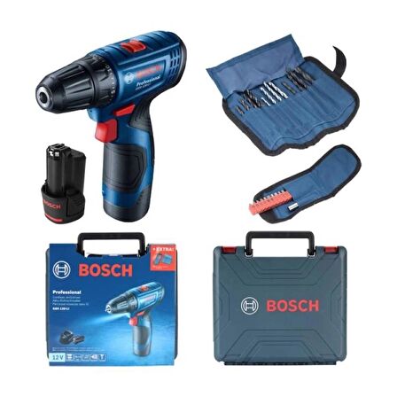 Bosch Profesyonel Seri GSR 120-Li 12V Akülü Delme Vidalama Çanta + Çift Akü + 23 Parça Aksesuar Seti Hediyeli