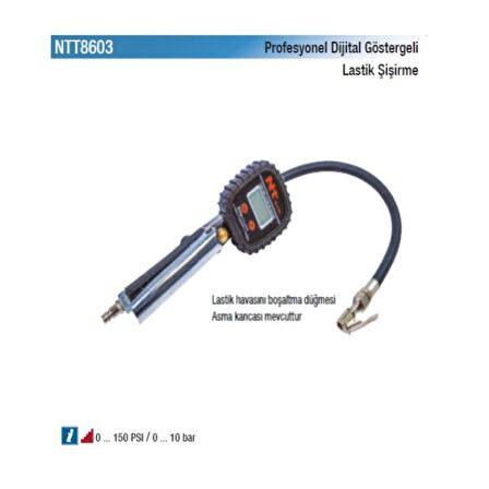 NT Tools Profesyonel Dijital Göstergeli Mandallı Lastik Şişirme Tabancası 10 Bar/150 PSİ NTT8603