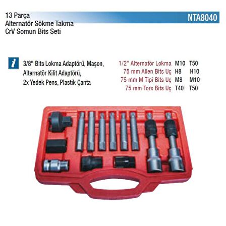 NT Tools Alternatör Sökme Takma Somun Bits Seti CRV 13 Parça NTA8040