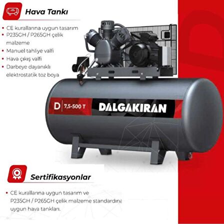 Dalgakıran 500 Lt. Kompresör 380V 4Kw/5,5Hp Tek Kademeli 7 Bar D5,5-500