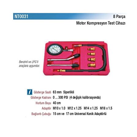 NT Tools Motor Kompresyon Test Cihazı 8 Parça NT0031