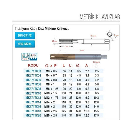 Maier M20x2,5 Düz Makina Kılavuzu HSS-M2AL Titanyum Kaplı Standart DIN-371/C MK371TC20