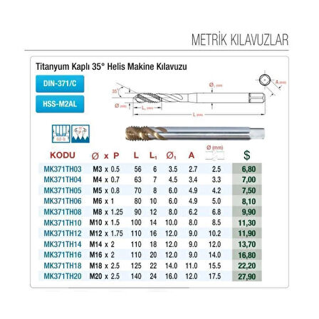 Maier M16x2 Helis Makina Kılavuzu HSS-M2AL Titanyum Kaplı Standart DIN-371/C MK371TH16