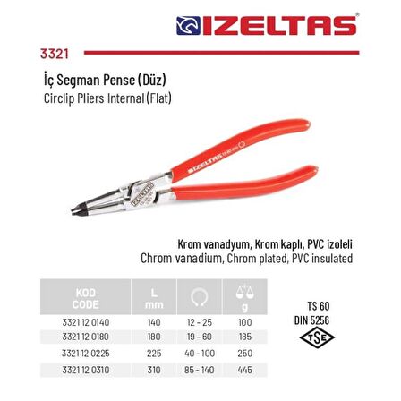 İzeltaş 19-60 mm Arası Düz İç Segman Pensesi 3321 12 0180