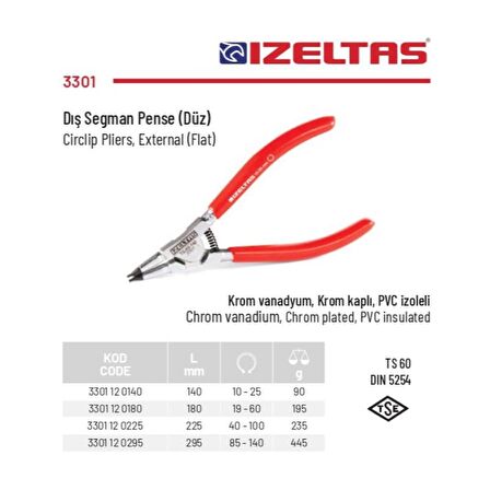 İzeltaş 19-60 mm Arası Düz Dış Segman Pensesi 3301 12 0180