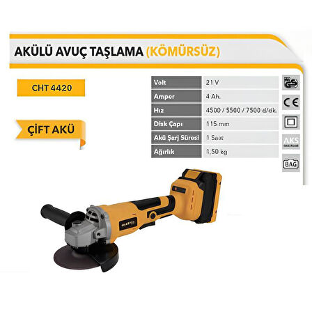 Chattel 21V Akülü Avuç Taşlama 4Ah. Çift Akü  Ø115mm 7500rpm CHT4420