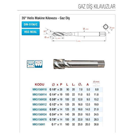 Maier G1/4"x19 Gaz Diş Helis Makina Kılavuzu HSS-M2AL DIN-5156/C MK5156H14