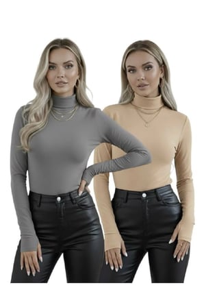 Parmak Detaylı Kadın Body – Uzun Kollu 2'li Set | Esnek Ve Yumuşak Kumaş | 2'li Paket