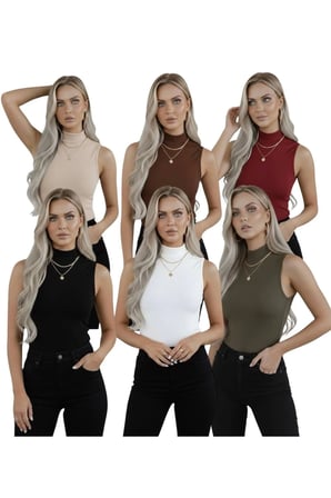 Kadın 6'lı Sıfır Kol Kolsuz Body Viskon Boğazlı Badi 6 Adet Balıkçı Yaka
