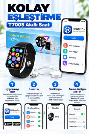 T700S 1.86 inc IPS Ekranlı Bluetooth Görüşmeli Türkçe Akıllı Saat – Çift Kordon Kablosuz Manyetik Şarjlı - Pembe