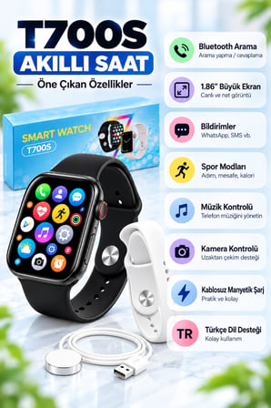 T700S 1.86 inc IPS Ekranlı Bluetooth Görüşmeli Türkçe Akıllı Saat – Çift Kordon Kablosuz Manyetik Şarjlı - Pembe