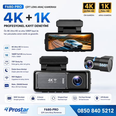 F680-PRO 4K Ultra HD Çift Kameralı Araç Kamerası (Dashcam) - WiFi, GPS, 24 Saat Park Modu