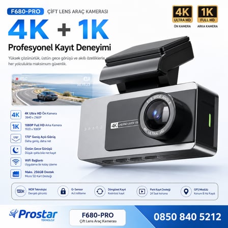 F680-PRO 4K Ultra HD Çift Kameralı Araç Kamerası (Dashcam) - WiFi, GPS, 24 Saat Park Modu
