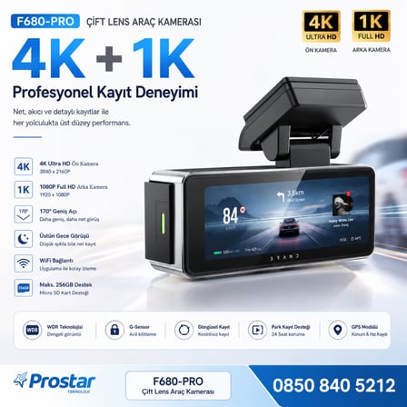 F680-PRO 4K Ultra HD Çift Kameralı Araç Kamerası (Dashcam) - WiFi, GPS, 24 Saat Park Modu