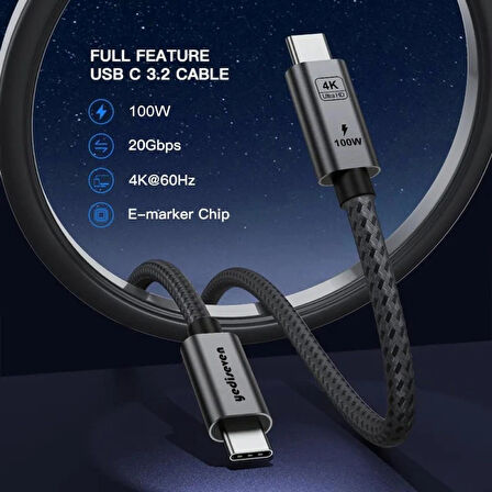 Type C To USB 3.2 Gen2 100W 5A Hızlı Şarj Data ve 4K Görüntü Aktarma Kablosu 20GBPS Gri 1 Metre